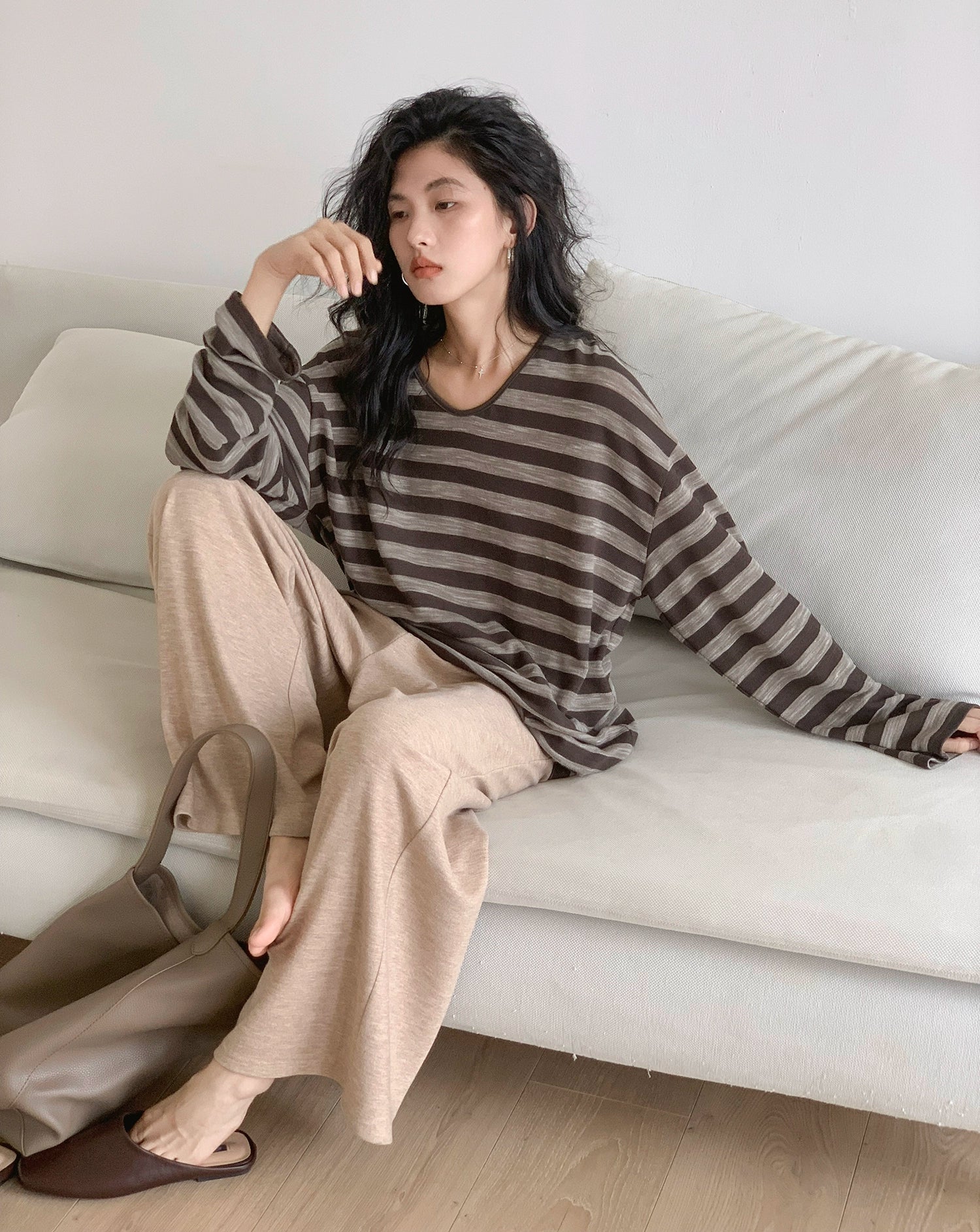 EM Vintage Striped V-Neck Loose Temperament Long Sleeve