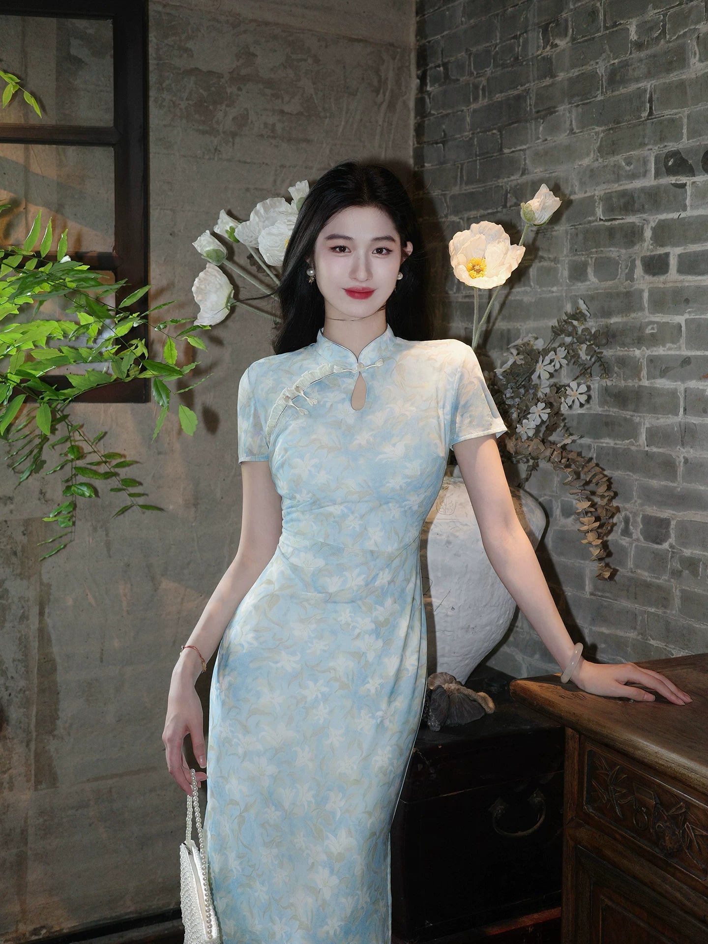 ZIHE Floral Mesh Stretch Cheongsam Slim Dress