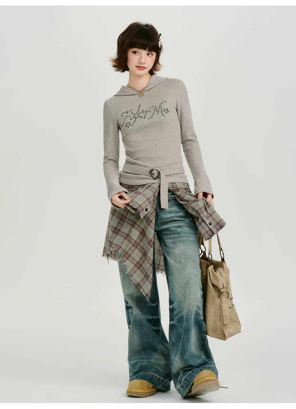 Girlyhalo Vintage Hot Diamond Strap-Up Hooded Knitted Long Sleeve