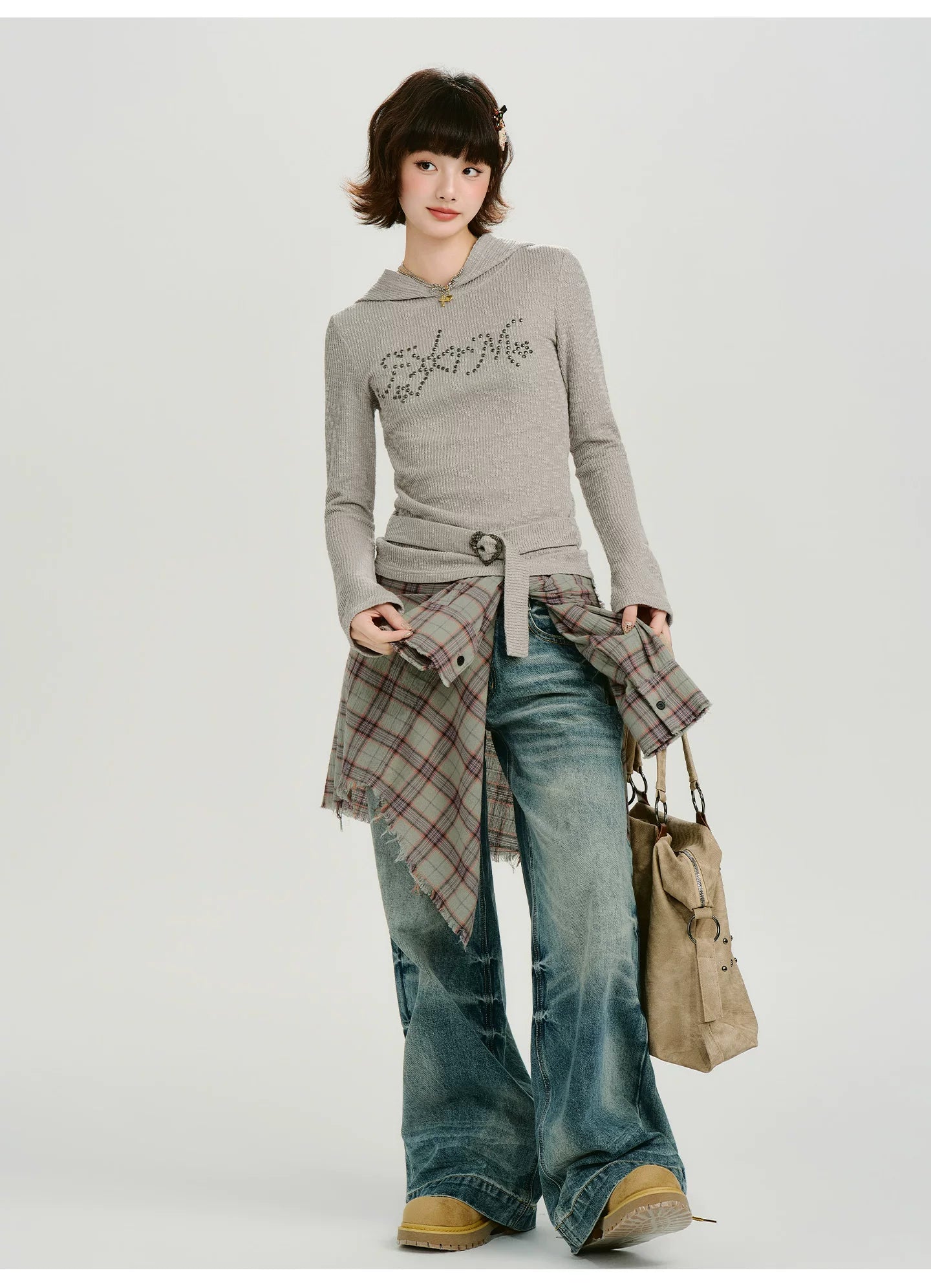 Girlyhalo Vintage Hot Diamond Strap-Up Hooded Knitted Long Sleeve