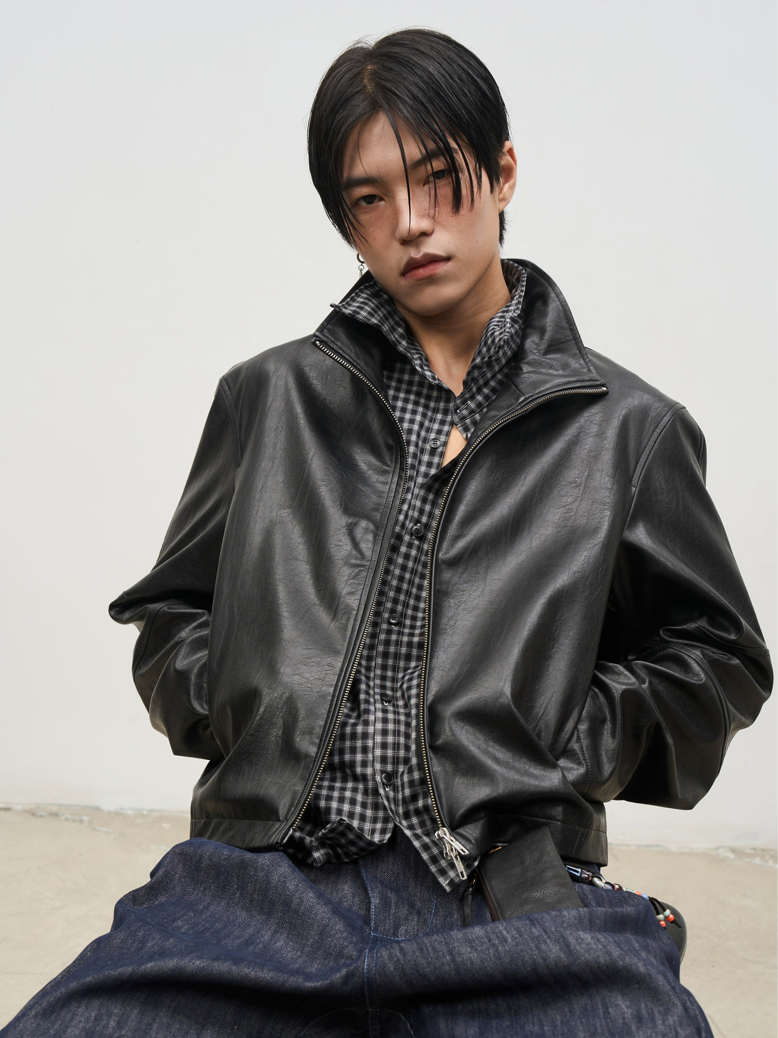 SOUTHFISH Vintage Natural Textured PU Leather Lapel Jacket