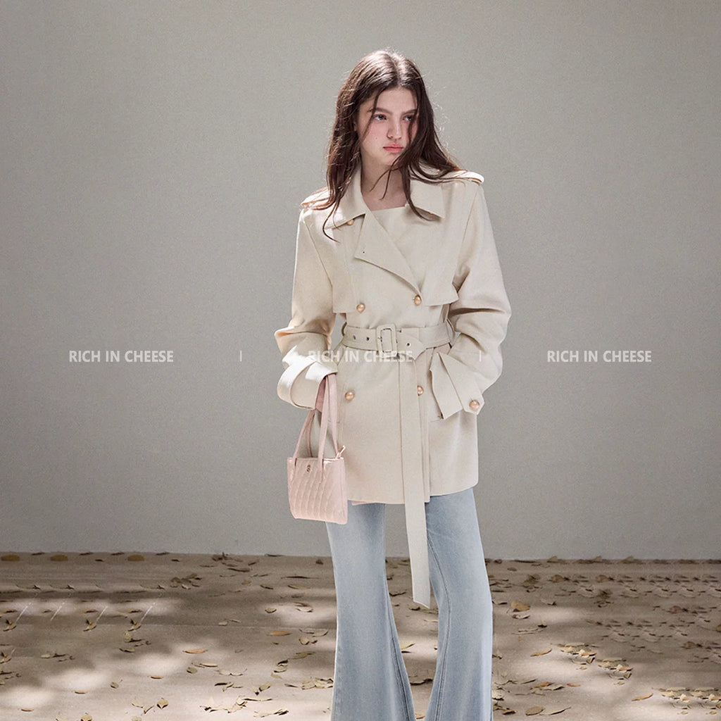 RICH IN CHEESE Lapel Double-breasted Waist Short Lace-up Trench Coat