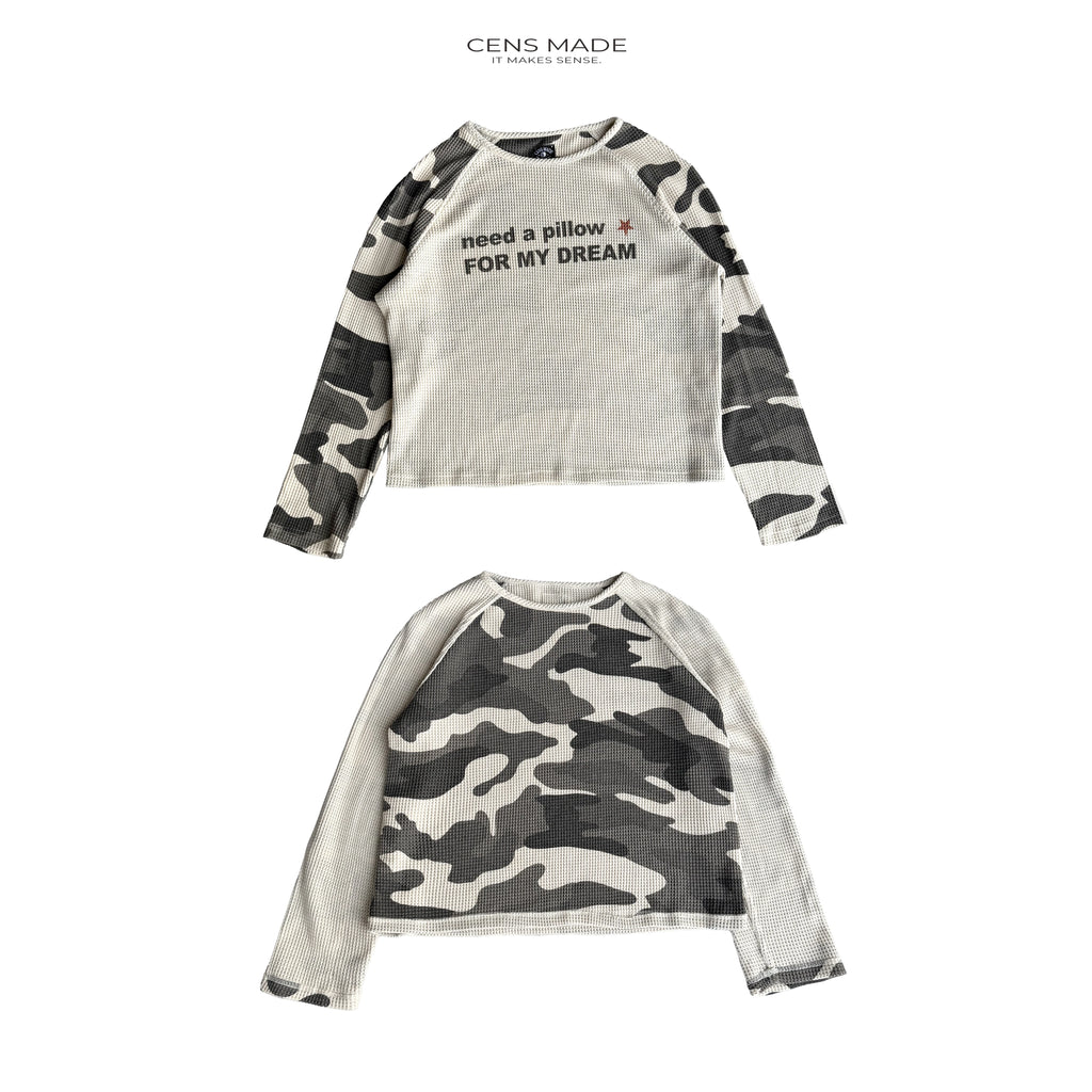CENSMADE Letter Printed Camouflage Double Sided Piercing Shoulder Sleeve Long Sleeve