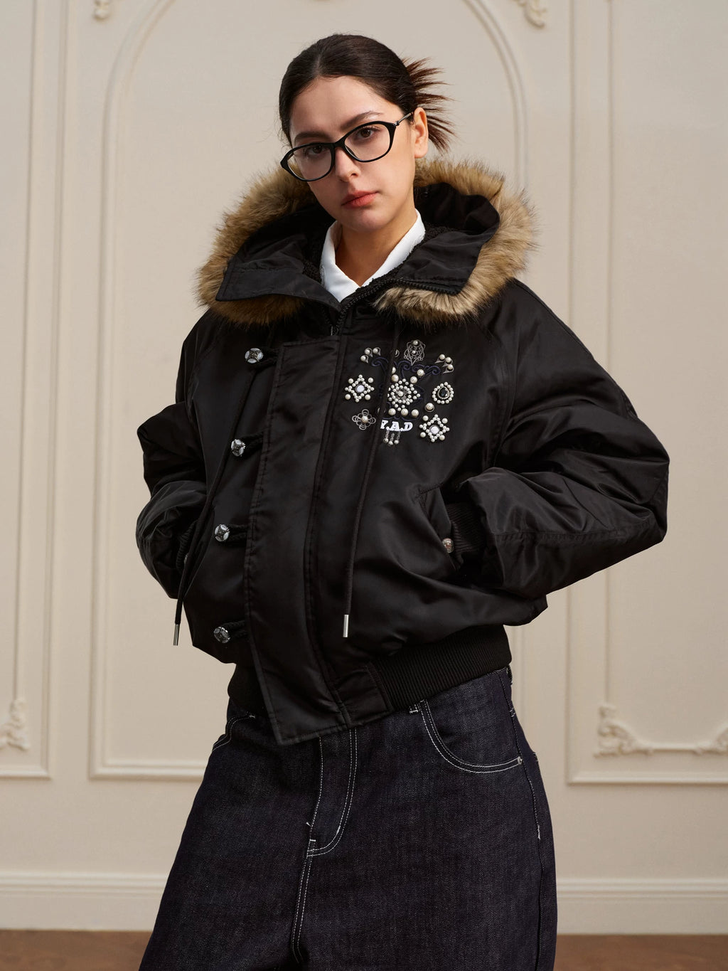 YADcrew gem fur bomber cotton-padded jacket