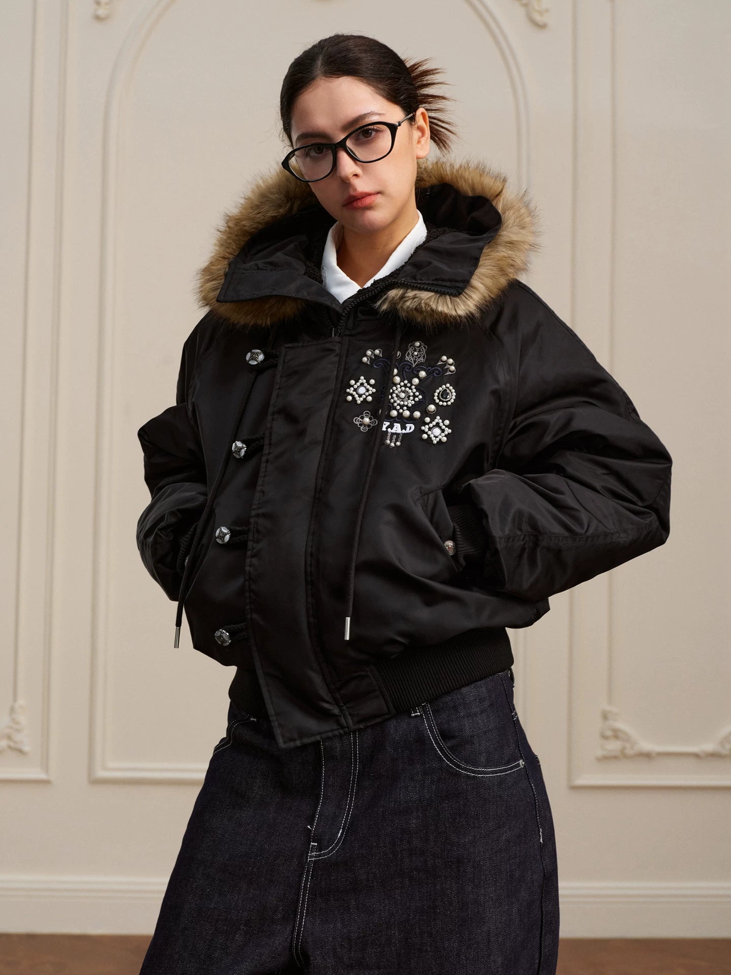YADcrew gem fur bomber cotton-padded jacket
