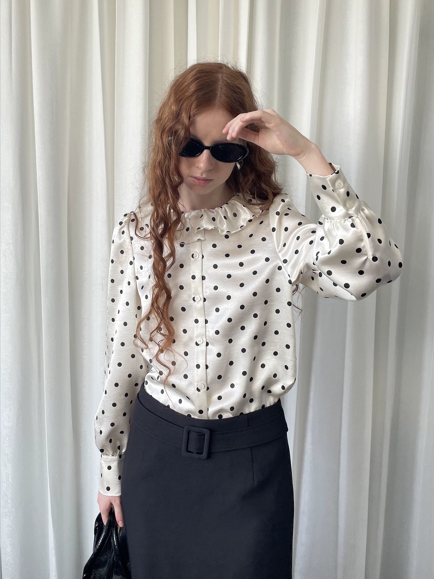Loosesmell Fungus Edge Lace Collar Polka Dot Satin Long Sleeve Shirt