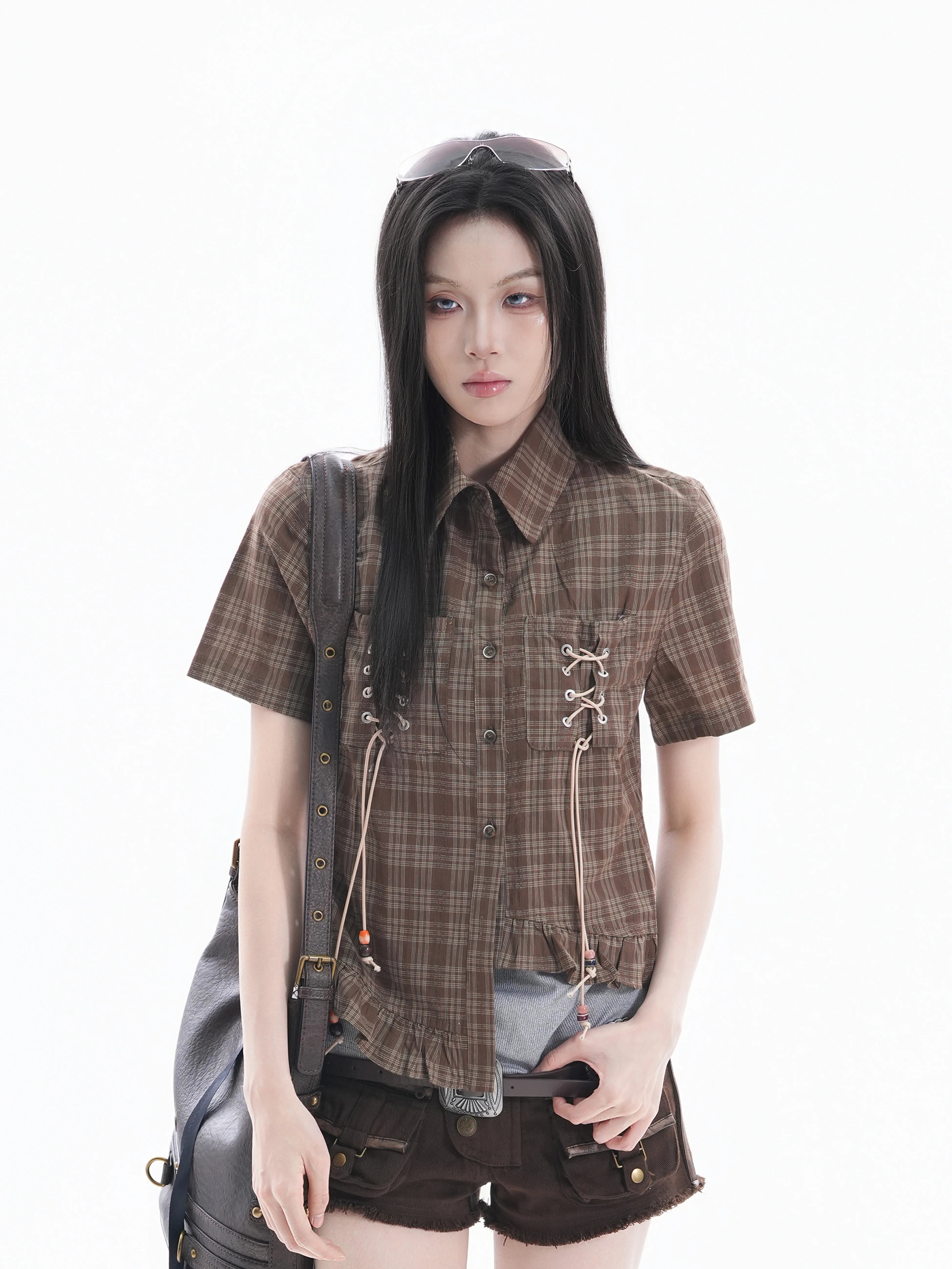 Zuocisankon Vintage Strap-Up Short Shirt