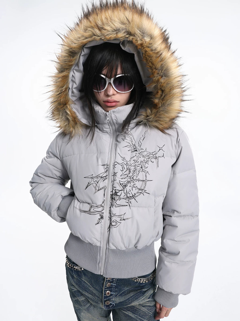 Lightinus Print Stand-up Collar Slim-fitting Cotton Jacket