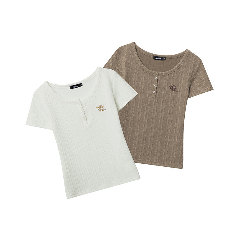 Nariele Embroidered Round Neck Breasted Slim-fitting Short Tee