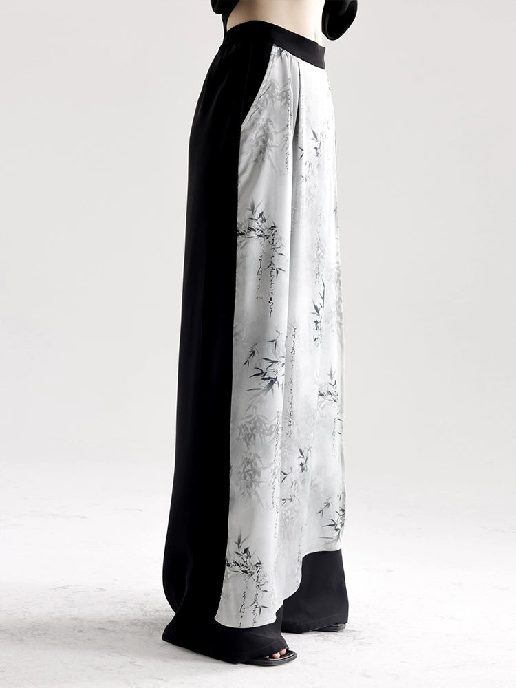 APOZi National Style Ink Printing Straight Wide-leg Pants