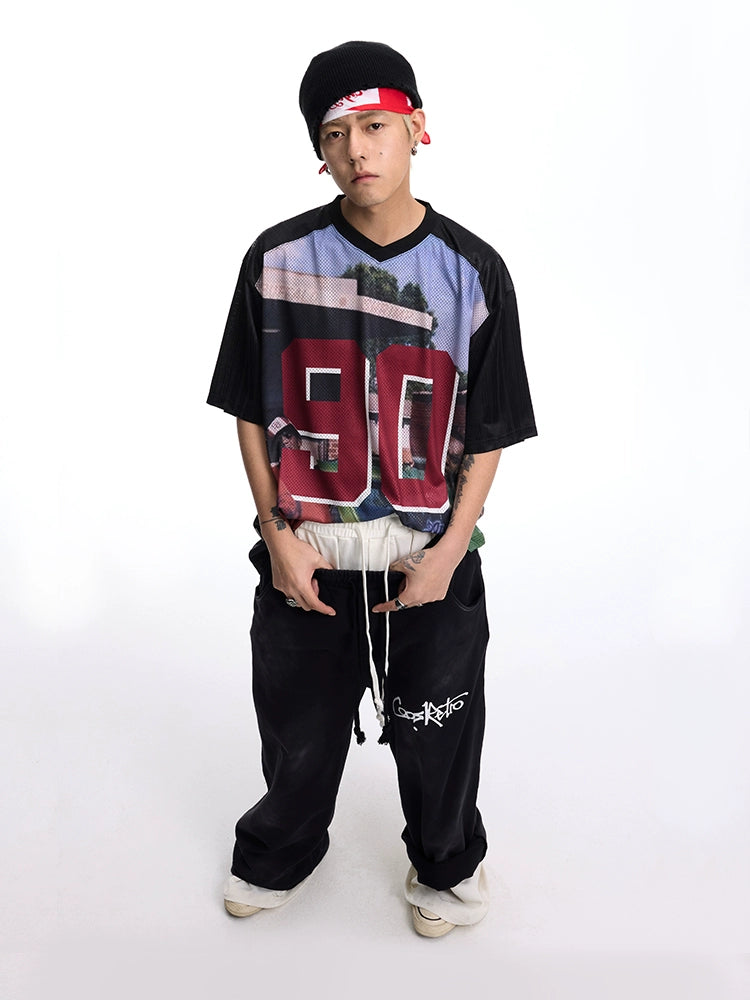 CoosRetro Vintage Street Print V-Neck Jersey Tee