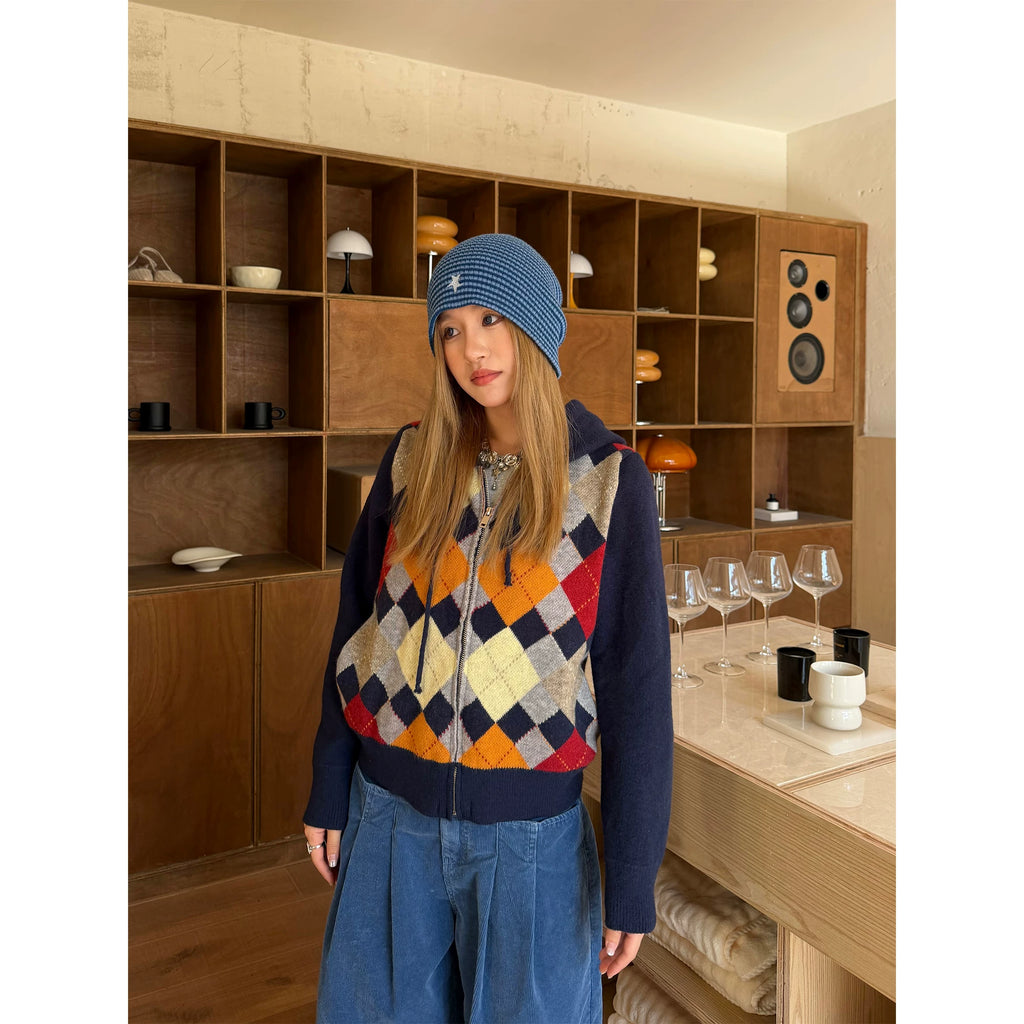 CCYE Vintage Rhombus Hooded Sweater Knitted Cardigan Jacket
