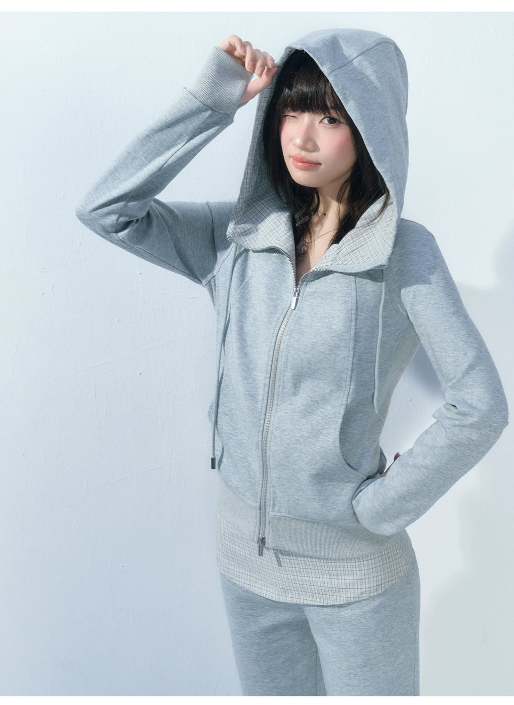 Ablueberry Slimming Paneled Plaid Hooded Jacket