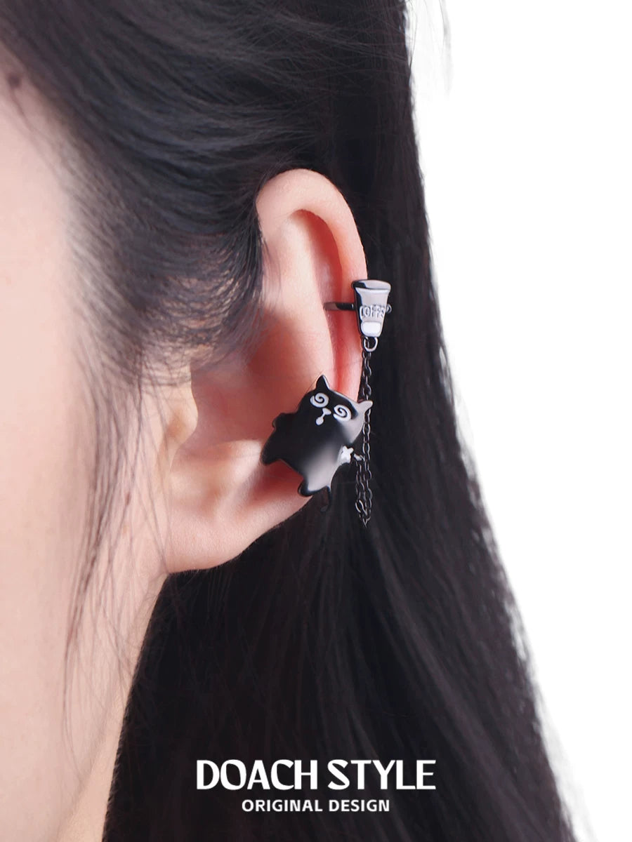 DOACH Extended Life Coffee Cat Ear Bone Clip Chain Earrings