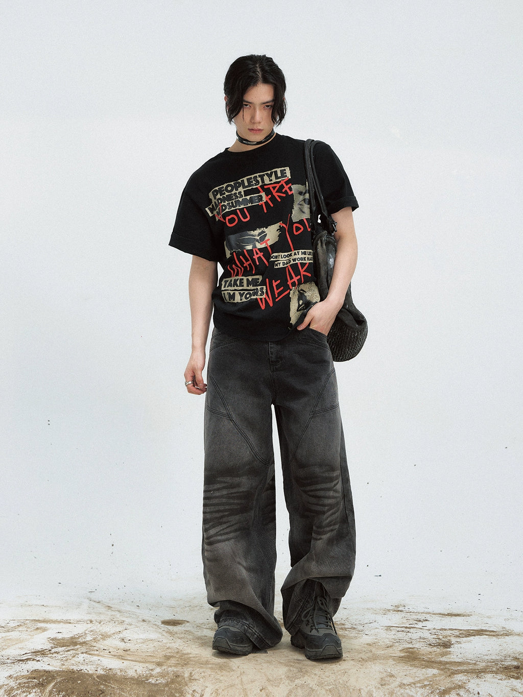 PEOPLESTYLE Vintage Pleated Washed Old Straight Jeans