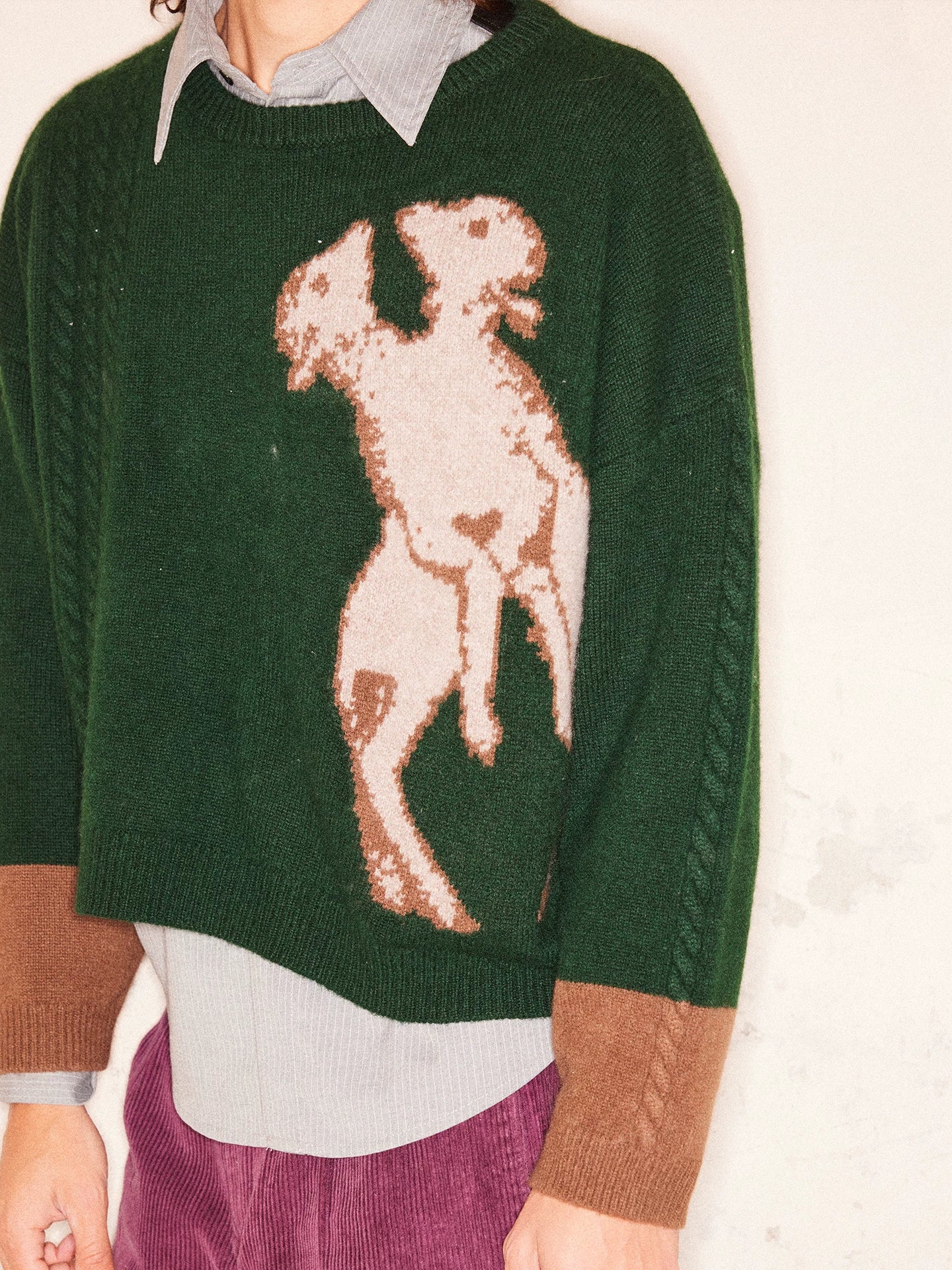 RICHILL Forest Green One-Piece Sheep Print Crew Neck Sweater