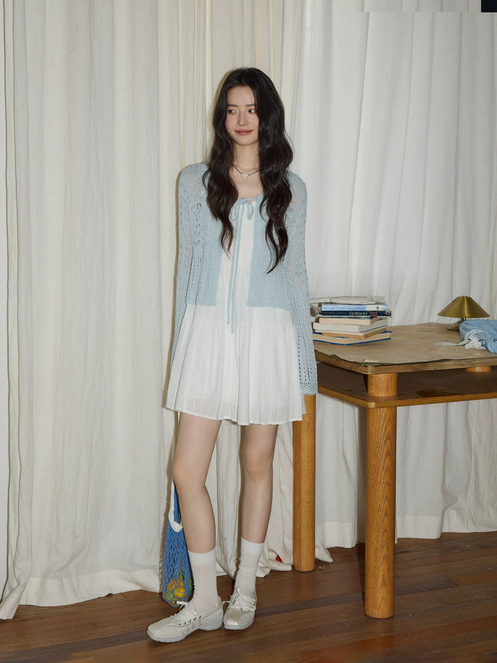 XUJING Lace-up Hollow-out Long-sleeved Knitted Cardigan