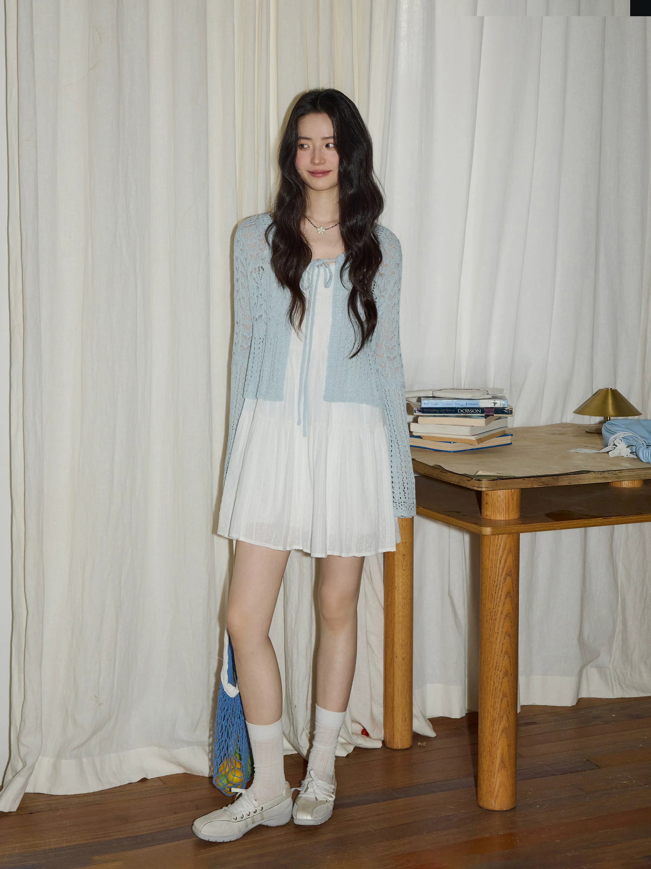 XUJING Lace-up Hollow-out Long-sleeved Knitted Cardigan