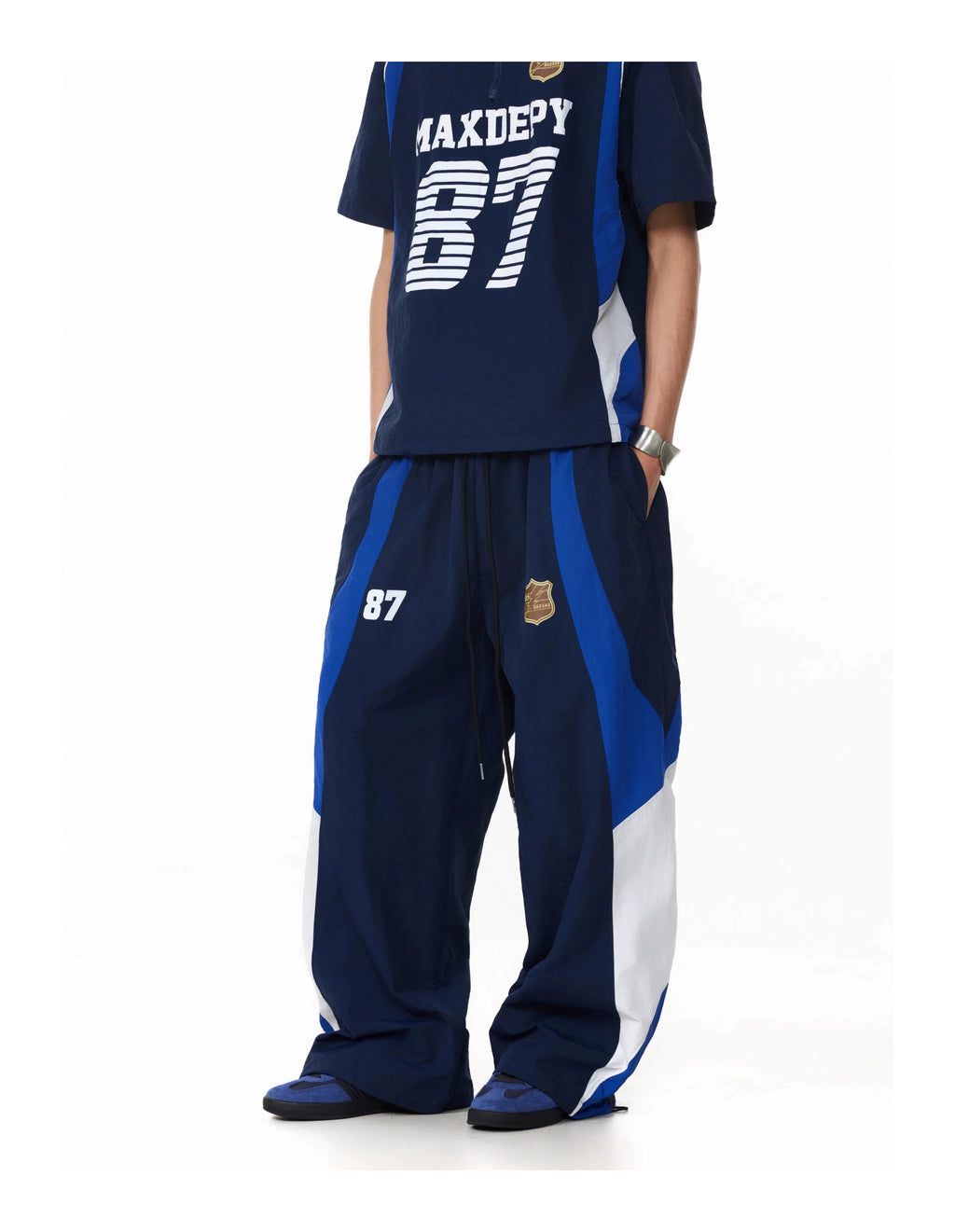 BTSG American retro badge contrasting color splicing elastic waist Pants