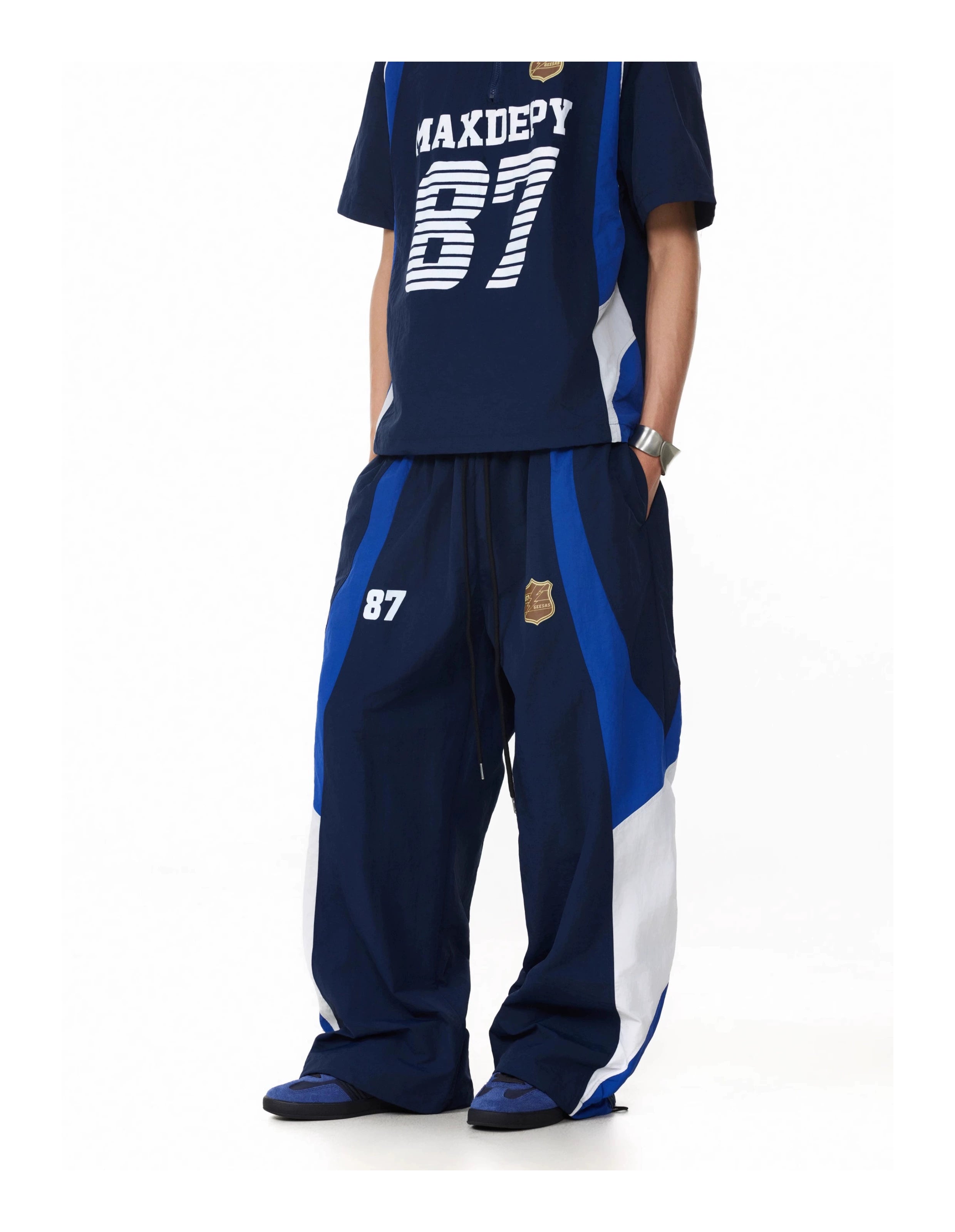 BTSG American retro badge contrasting color splicing elastic waist Pants