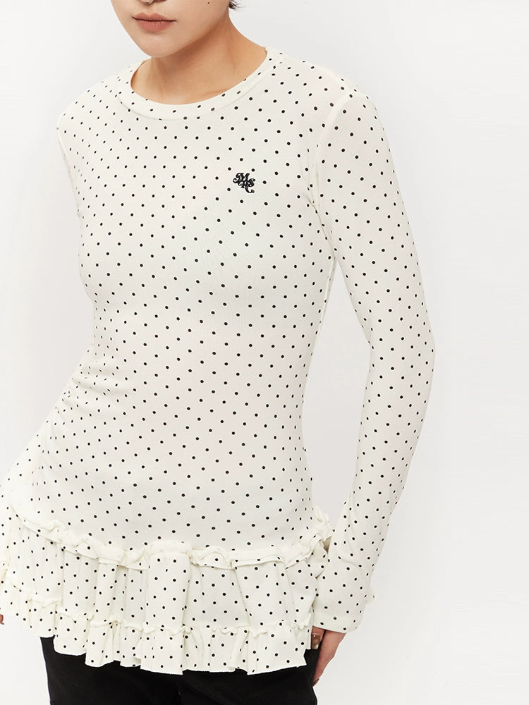 Mershier Polka Dot Full Print One-piece Pleated Skirt Long Sleeve
