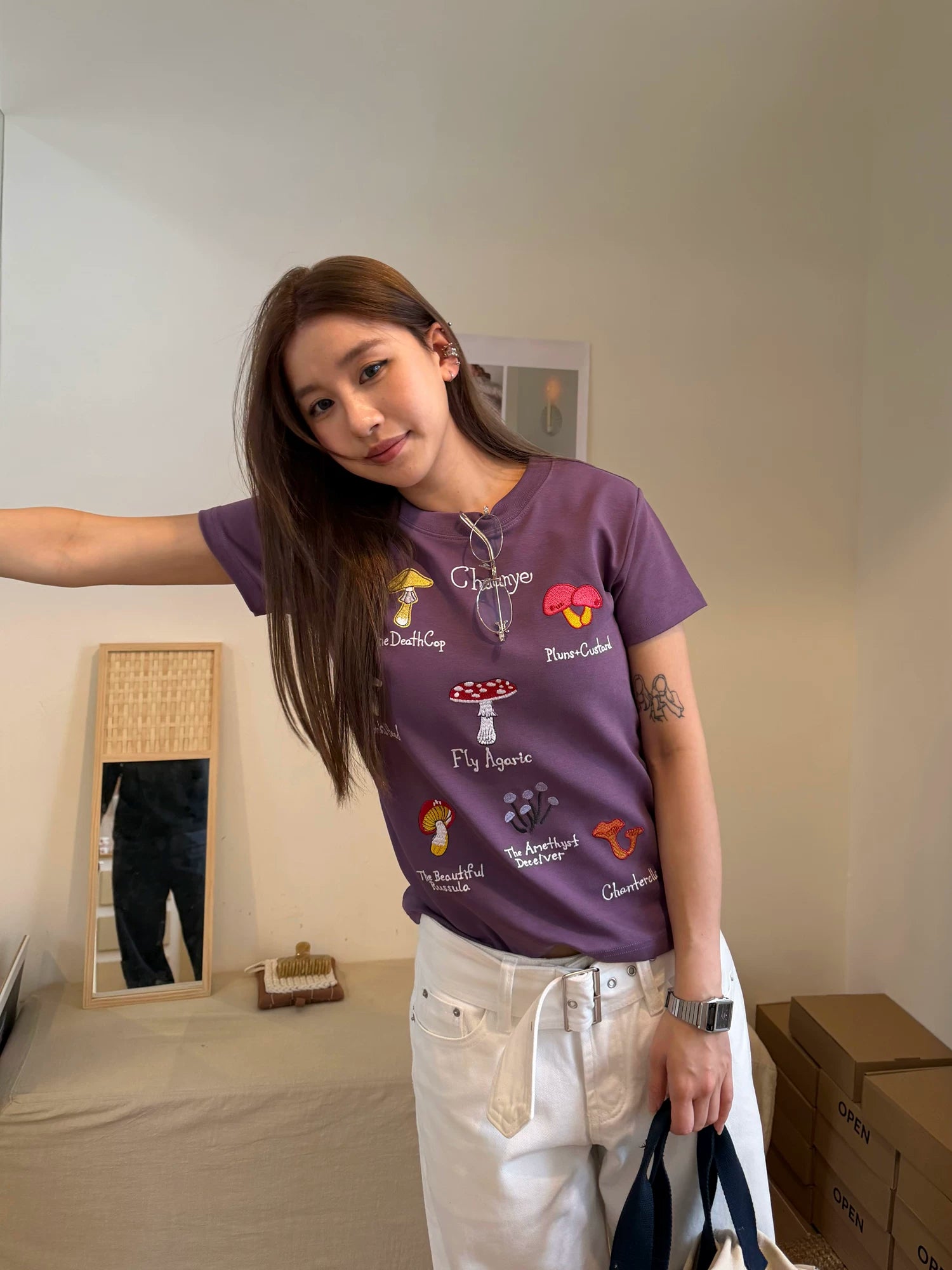 CCYE Mushroom Embroidery Front Shoulder Skinny Tee