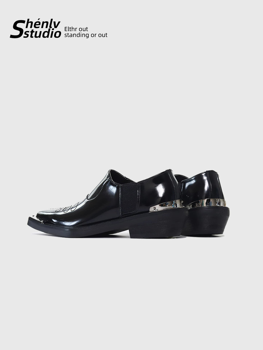 SHENLV STUDIO Square Head Embroidery One-pedal High-heeled Leather Shoes