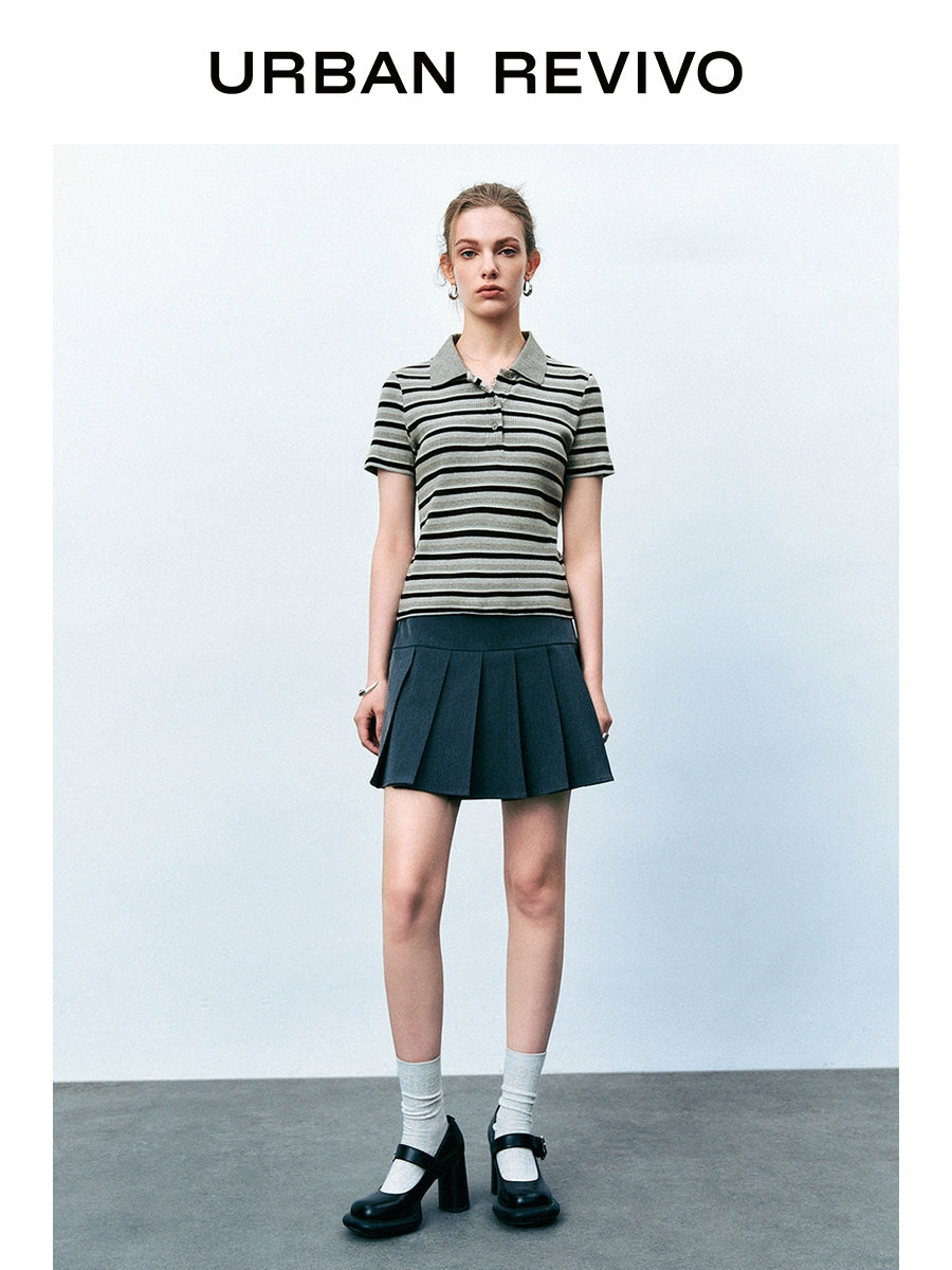 URBAN REVIVO College Color Contrasting Striped T-shirt Polo Shirt