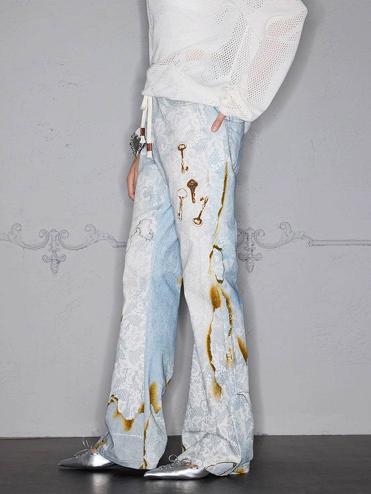 Rocawear Lace Stitching Digital 3D Printing Straight Jeans