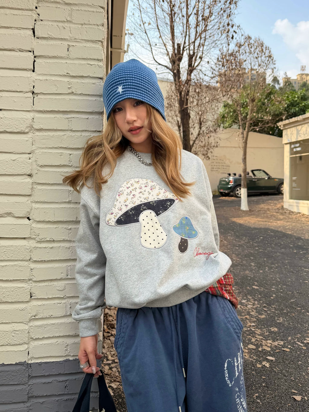 CCYE Mushroom Embroidery Fun Splicing Patch Sweater