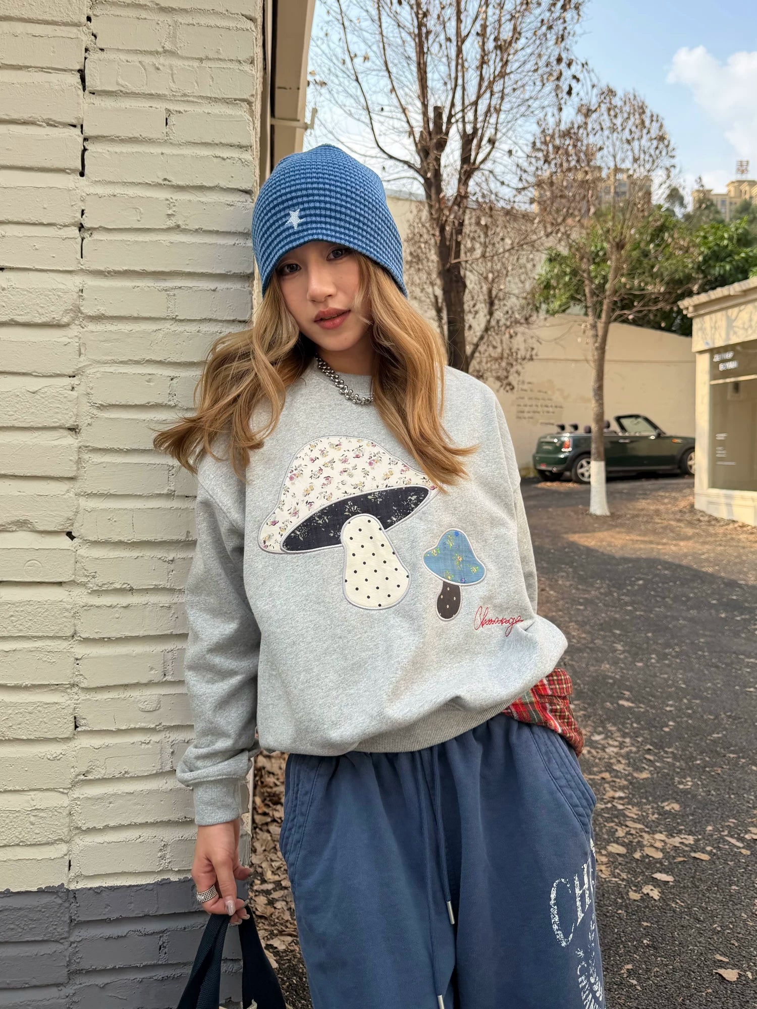 CCYE Mushroom Embroidery Fun Splicing Patch Sweater