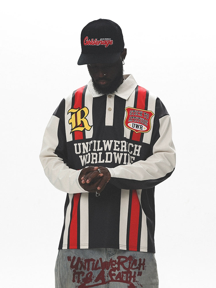 UNTILWERICH Vintage Sports Wind Contrast Color Splicing POLO Long Sleeve