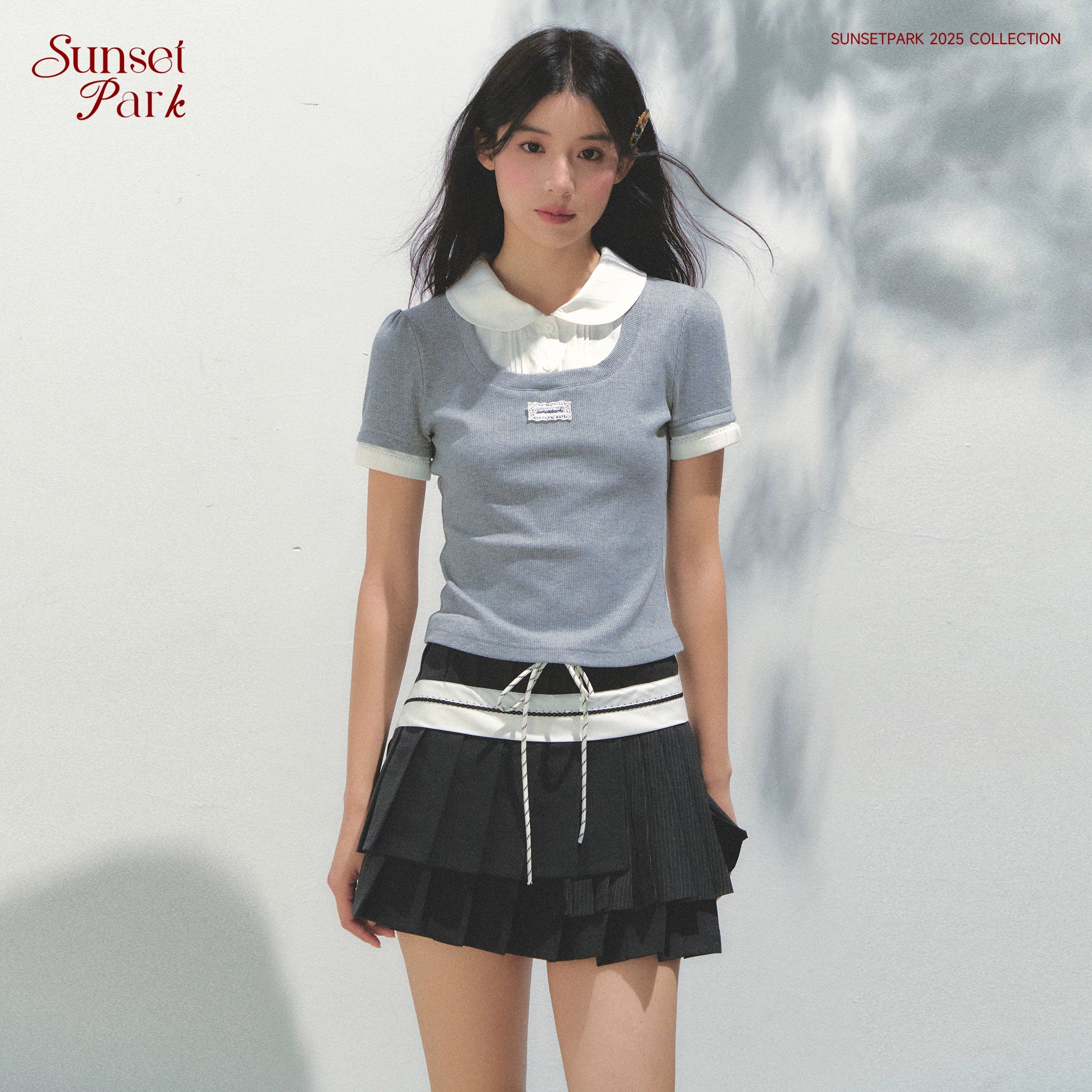 SunsetPark Doll Collar Stitching Knitted Tee