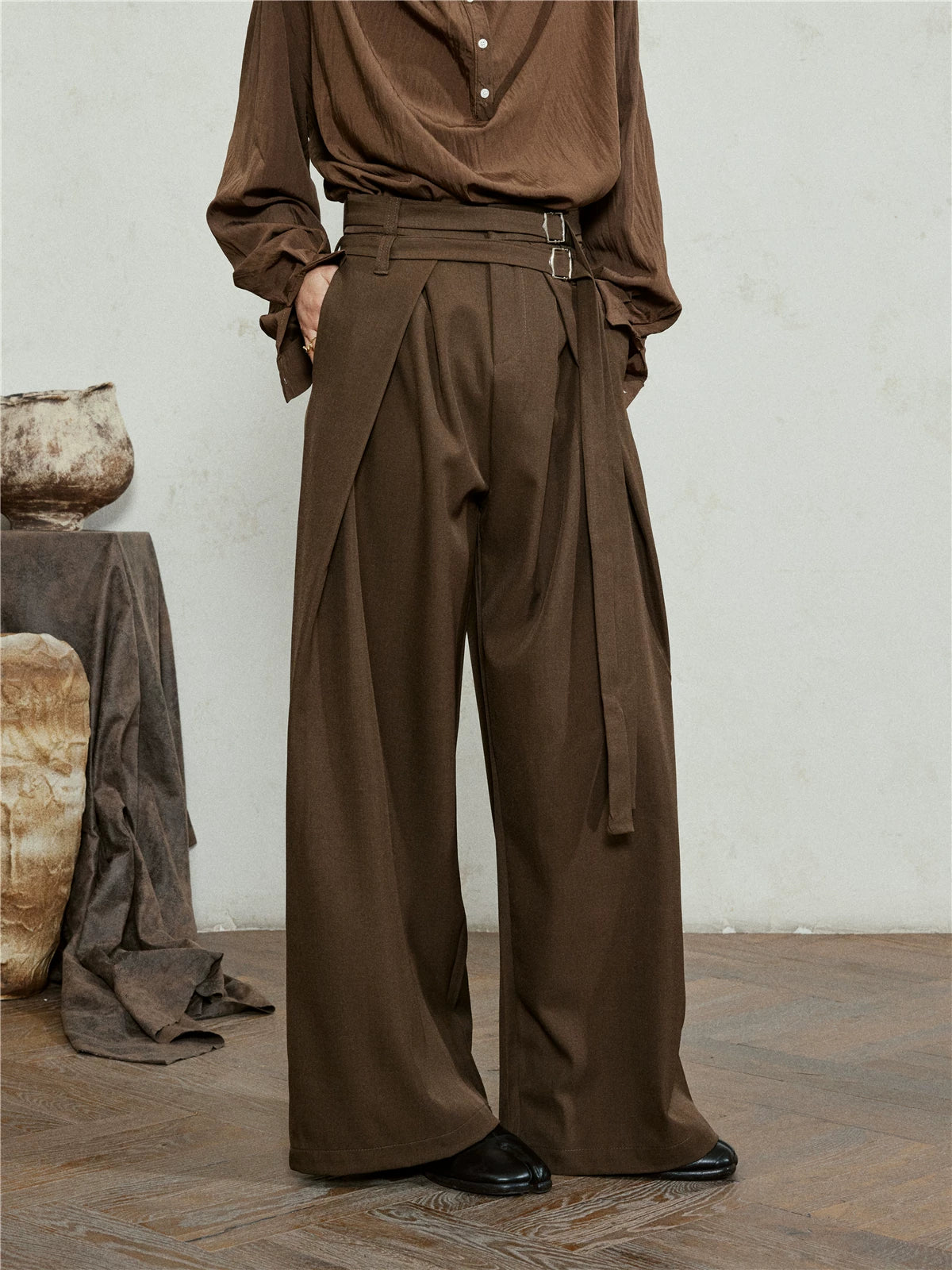 SUNYVONNE Minimalist Double Belt Wide-leg Suit Pants