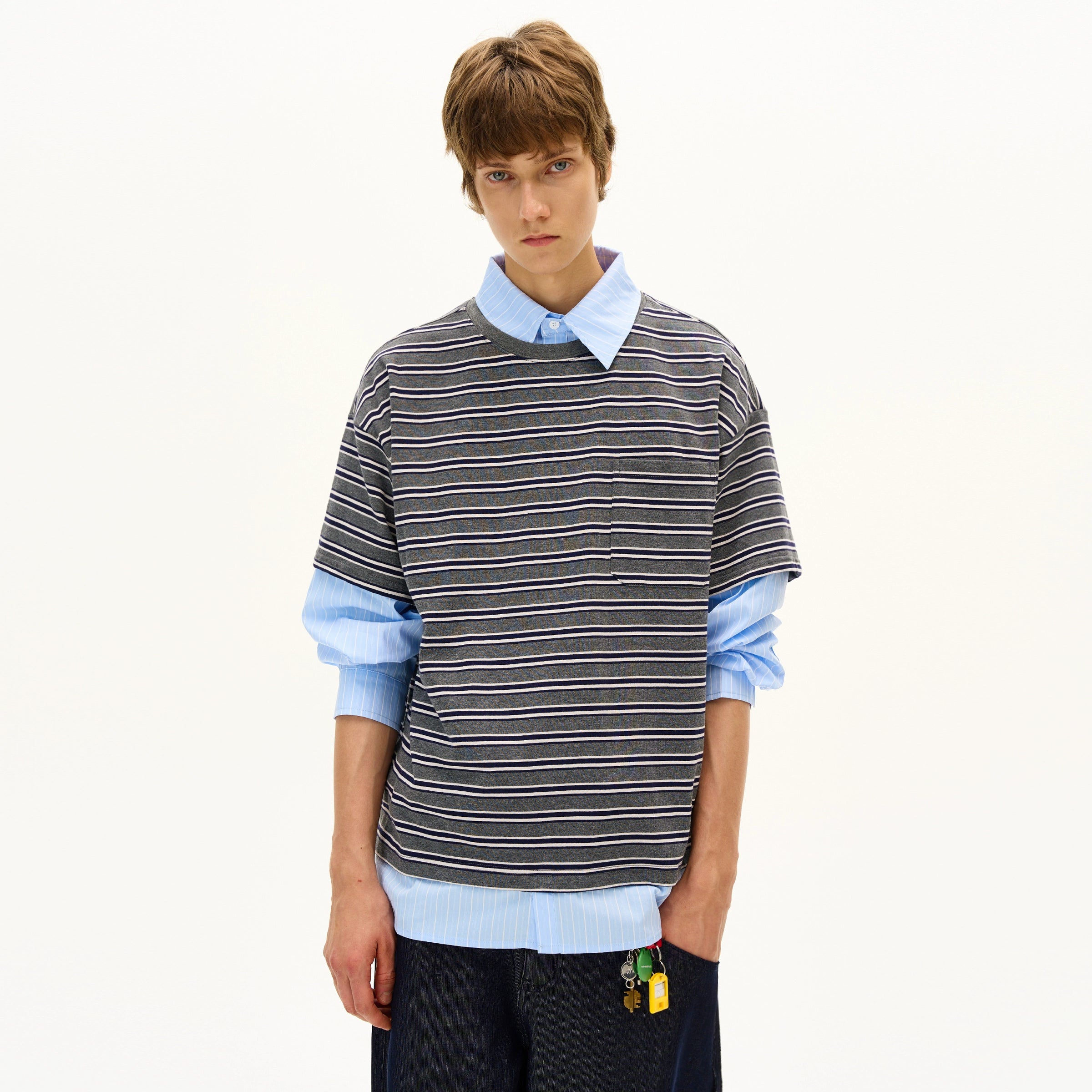 MADWITCH Fake Two-piece Splicing Striped Shirt Collar Long Sleeve