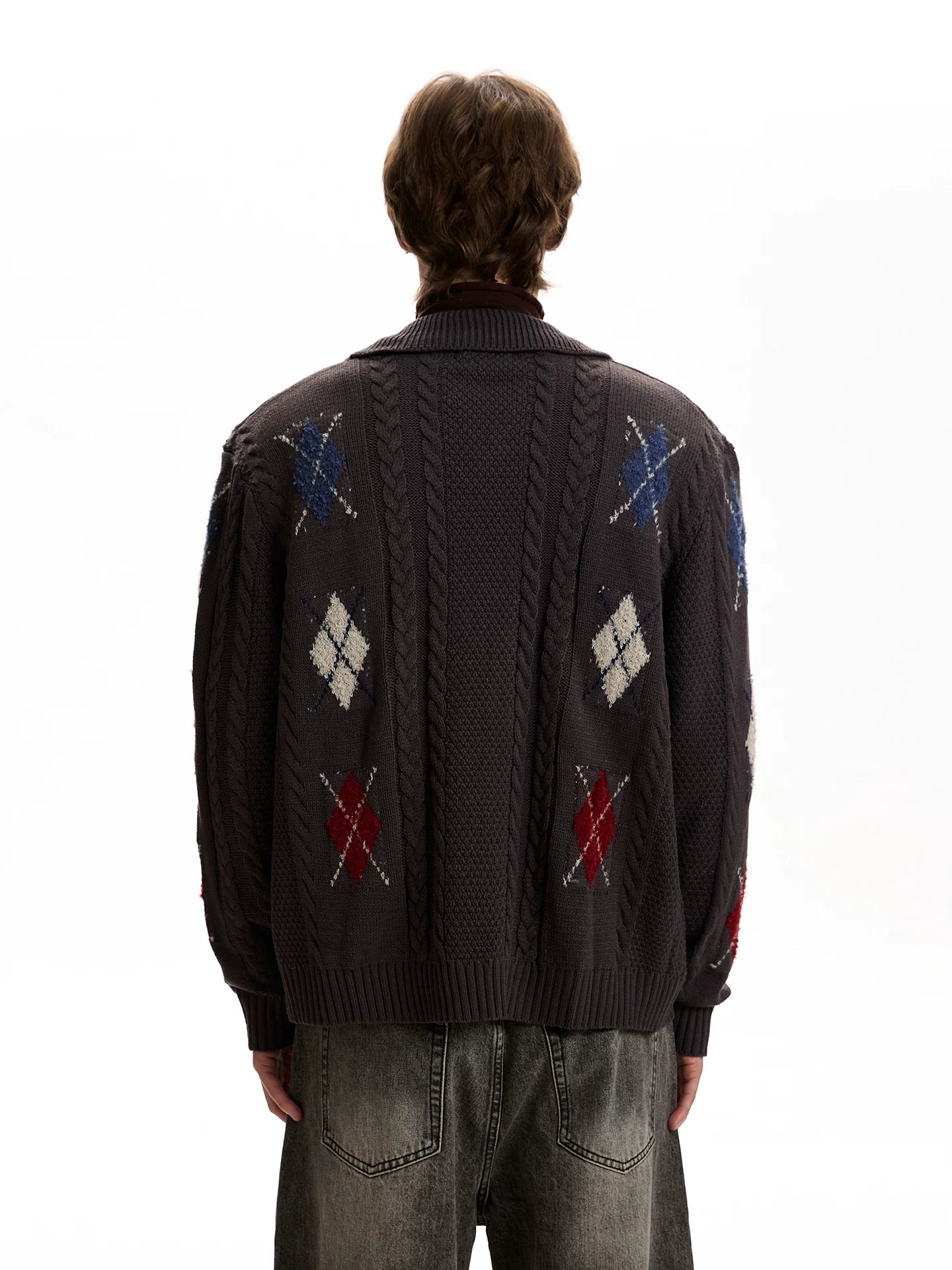 A PUEE Vintage Twist Rhombus Knitted Cardigan Sweater