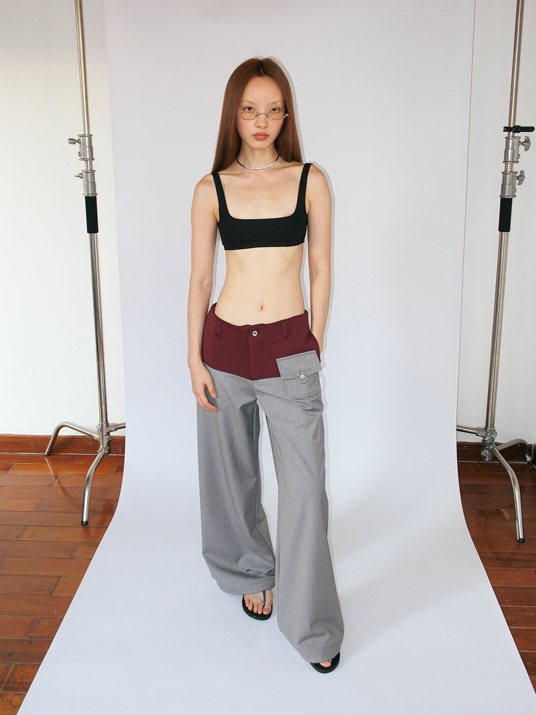 FUNKYFUN Color Matching Waistless Straight Loose Casual Trousers