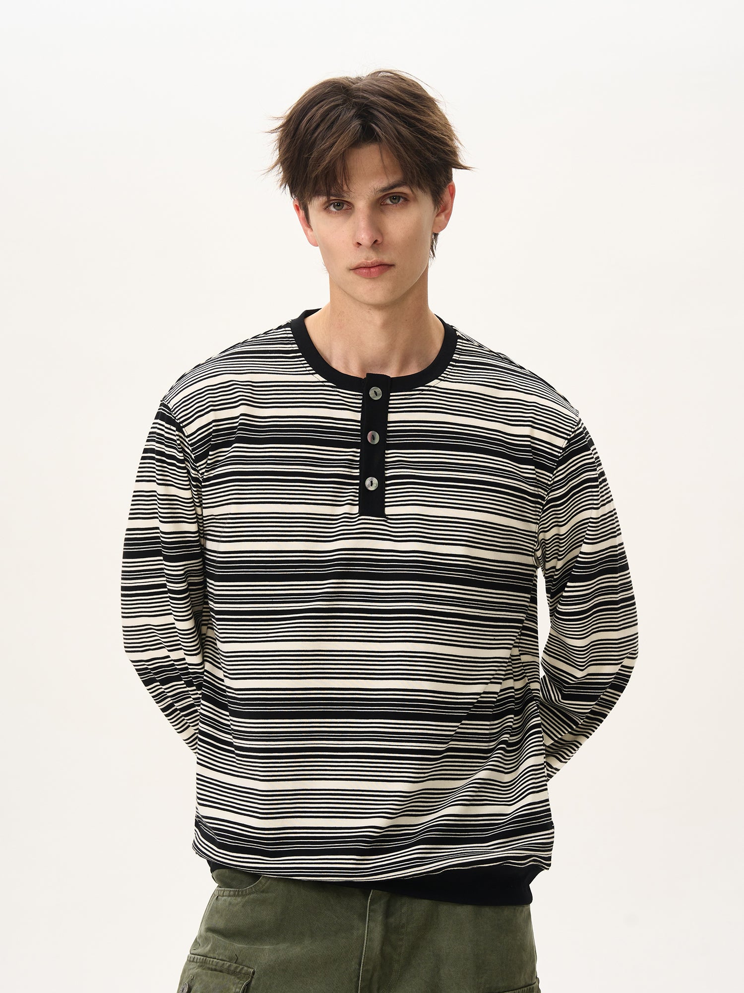 BTSG Premium Henry Neck Striped Long Sleeve Tee