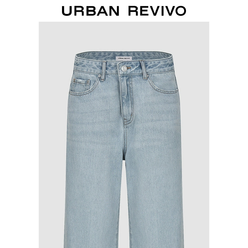 URBAN REVIVO Wave Hipster Retro Washed Pussy Beard Wide Leg Jeans