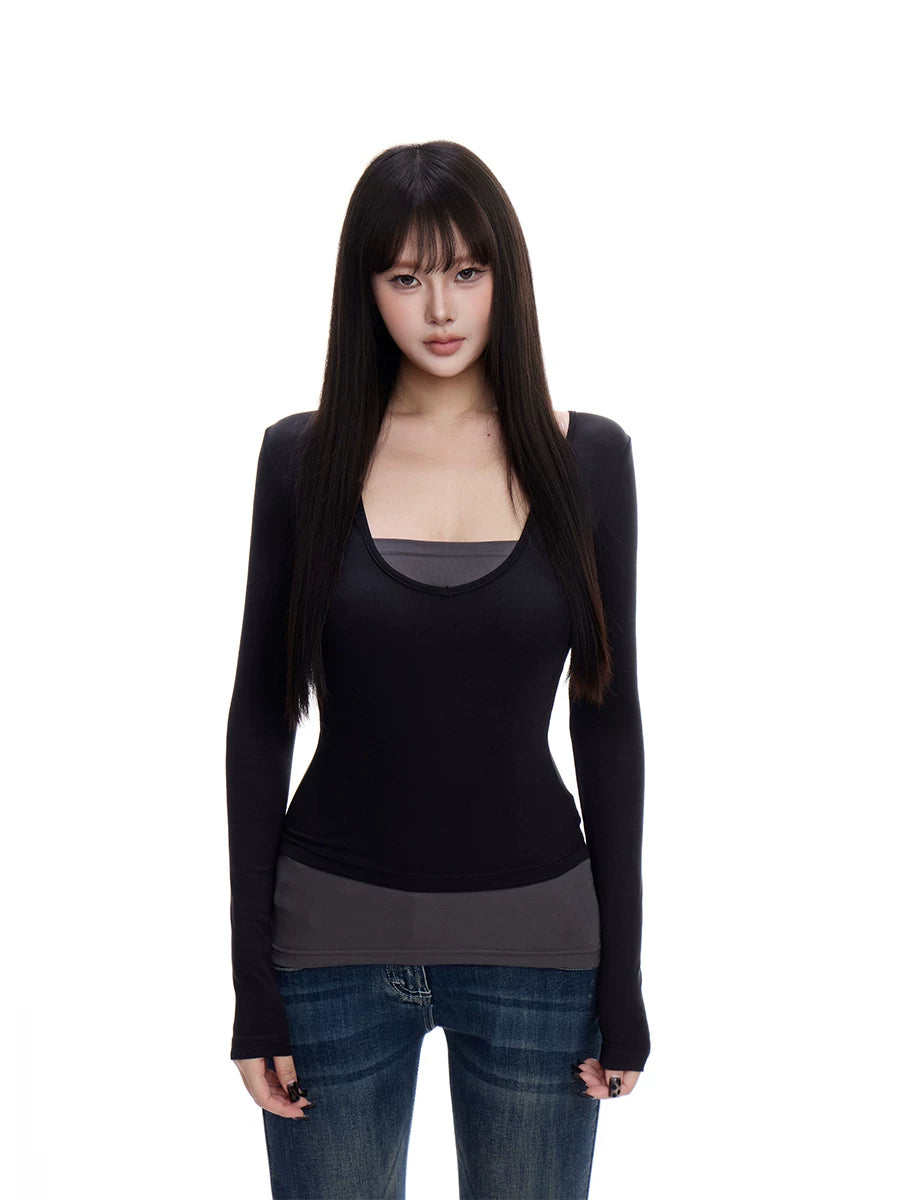 WITHMIN Fake Two-piece Contrasting Color Slim-fitting Front Shoulder Long Sleeves