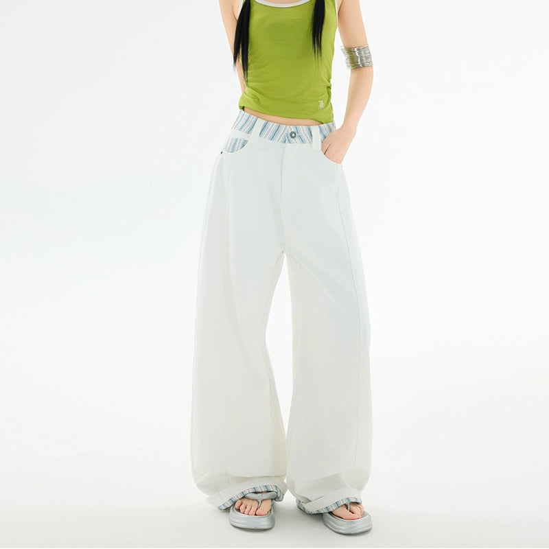 KPSR Splicing Checkered Scimitar Wide Leg Jeans