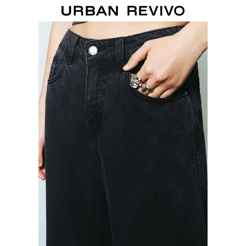 URBAN REVIVO Rhombus Dark Texture Casual Trousers