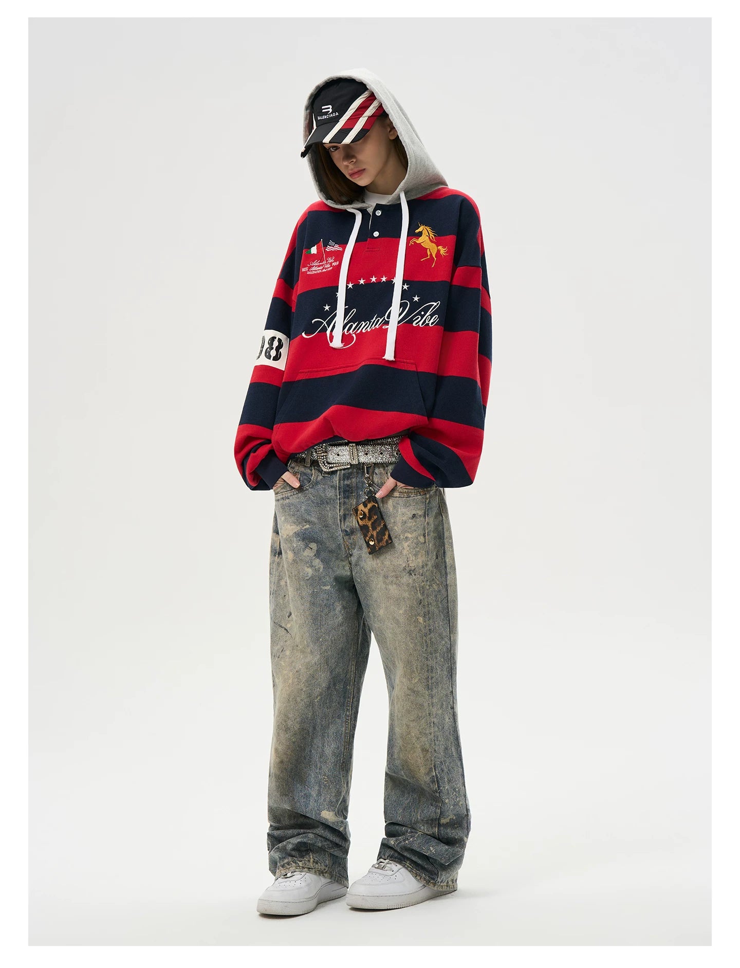 HACR Striped Stitched Embroidered Hooded Sweater