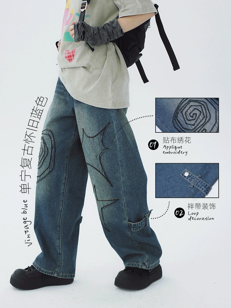 STILLYOU Vintage Patch Line Embroidery Straight Jeans