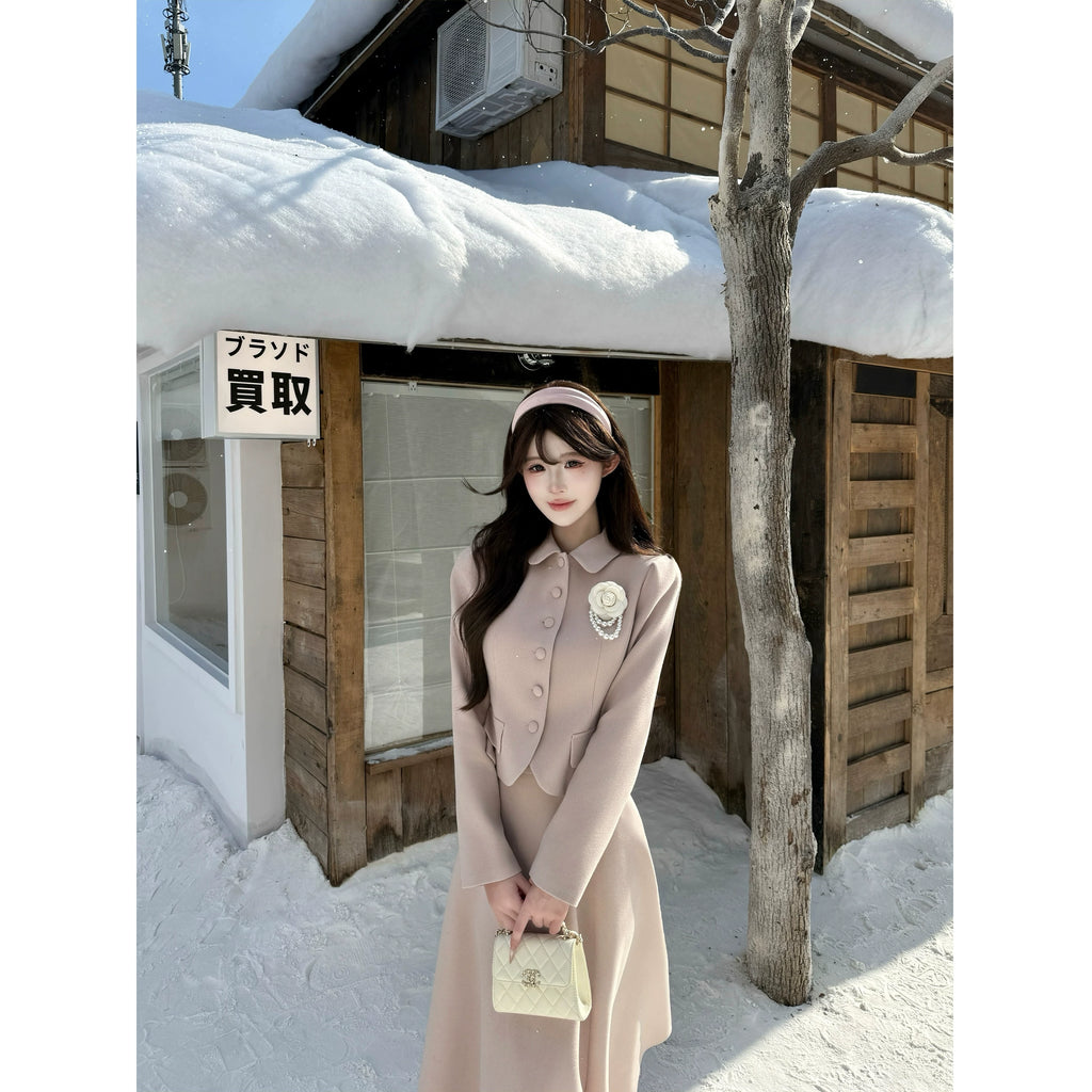 Barb Chill Woolen Doll Collar Slim Fit Short Jacket Long Skirt Set