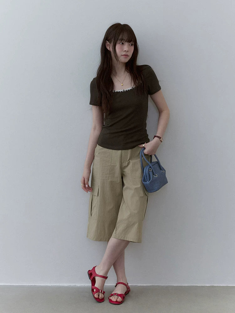 VOOE Square Neck Pearl Lace Tee