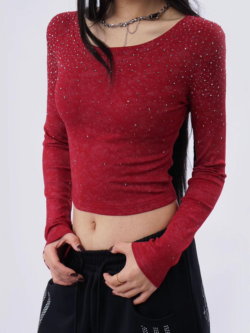 SAMUSAN Irregular Hot Diamond Short Long Sleeve