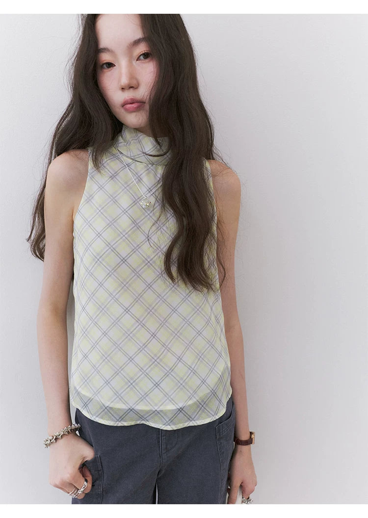 VOOE Contrasting Color Plaid Streamer Vest Shirt
