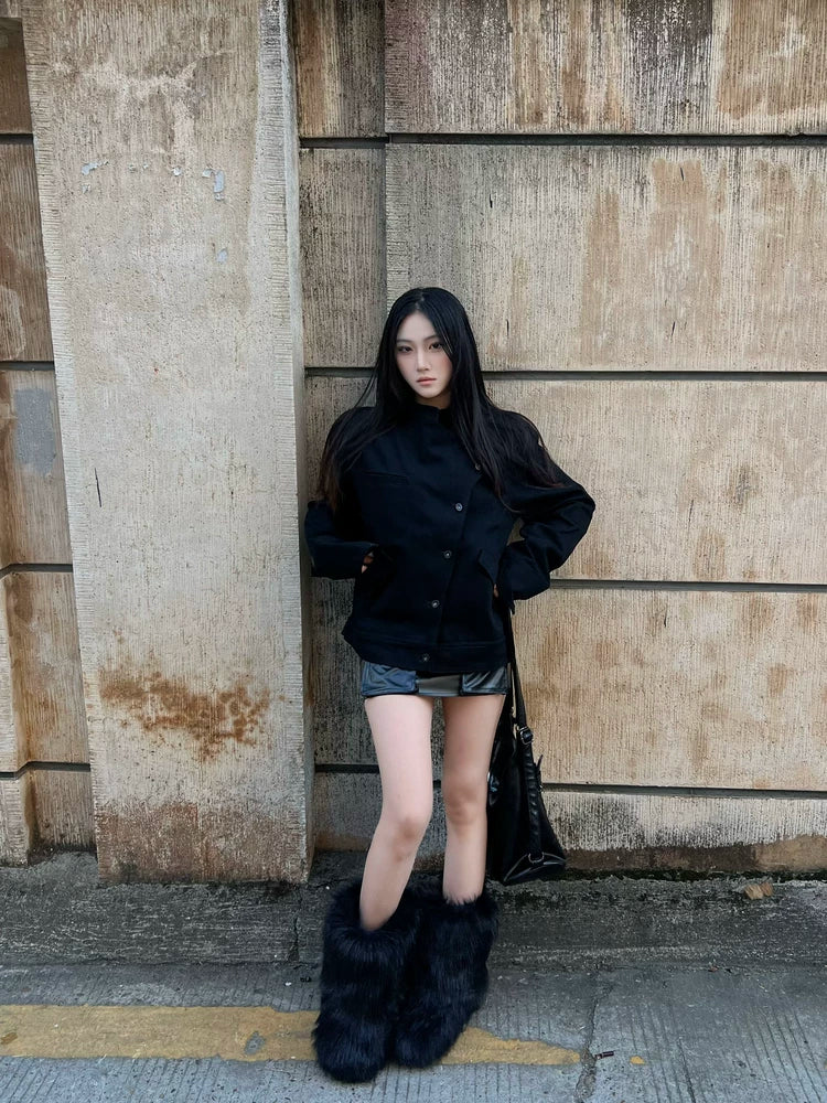 Esaias Stand-up Collar Oblique Placket Sword Cone Sleeve Denim Jacket