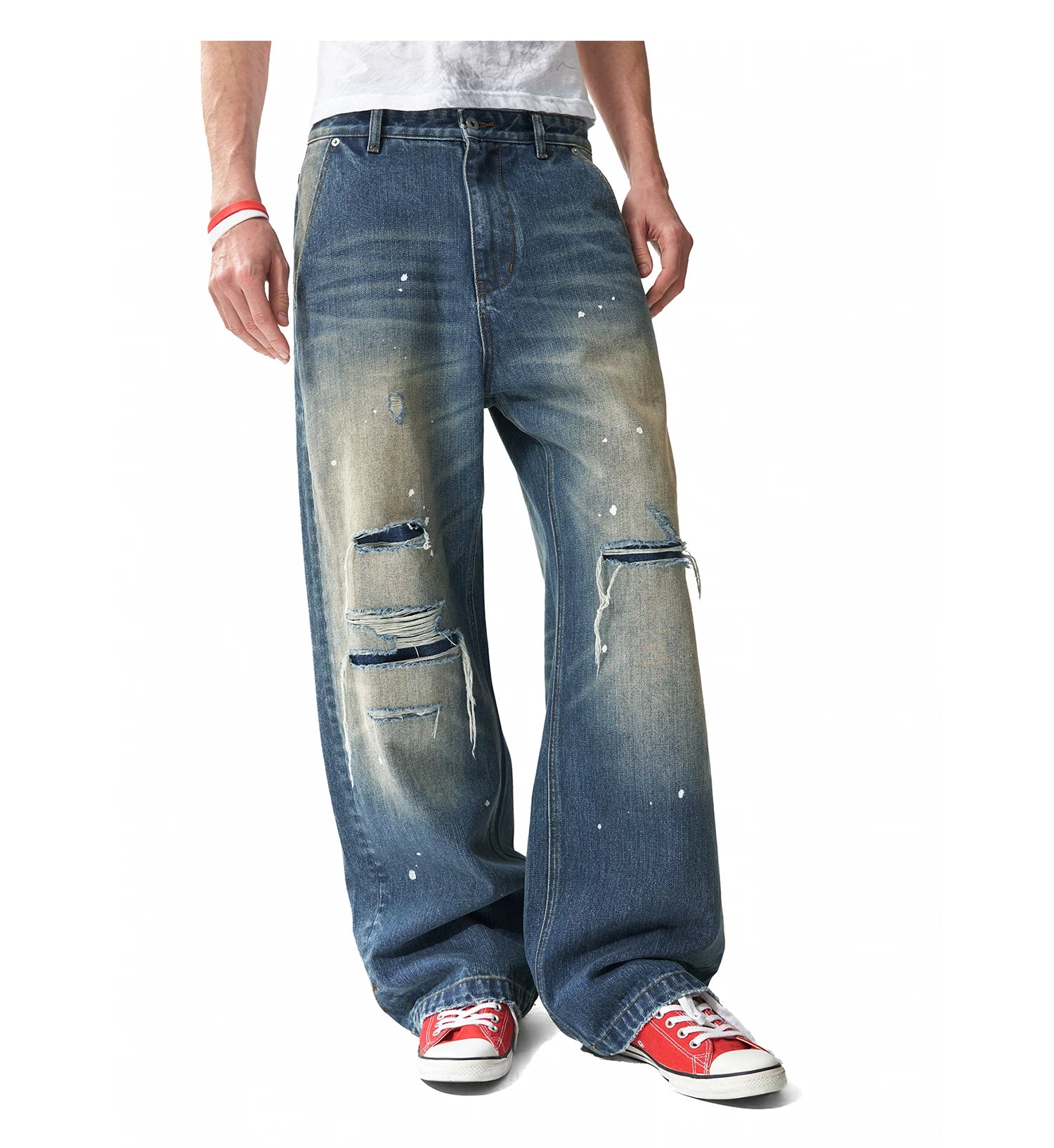 NumbAsia Retro Leopard Print Star Flag Print Ripped Jeans